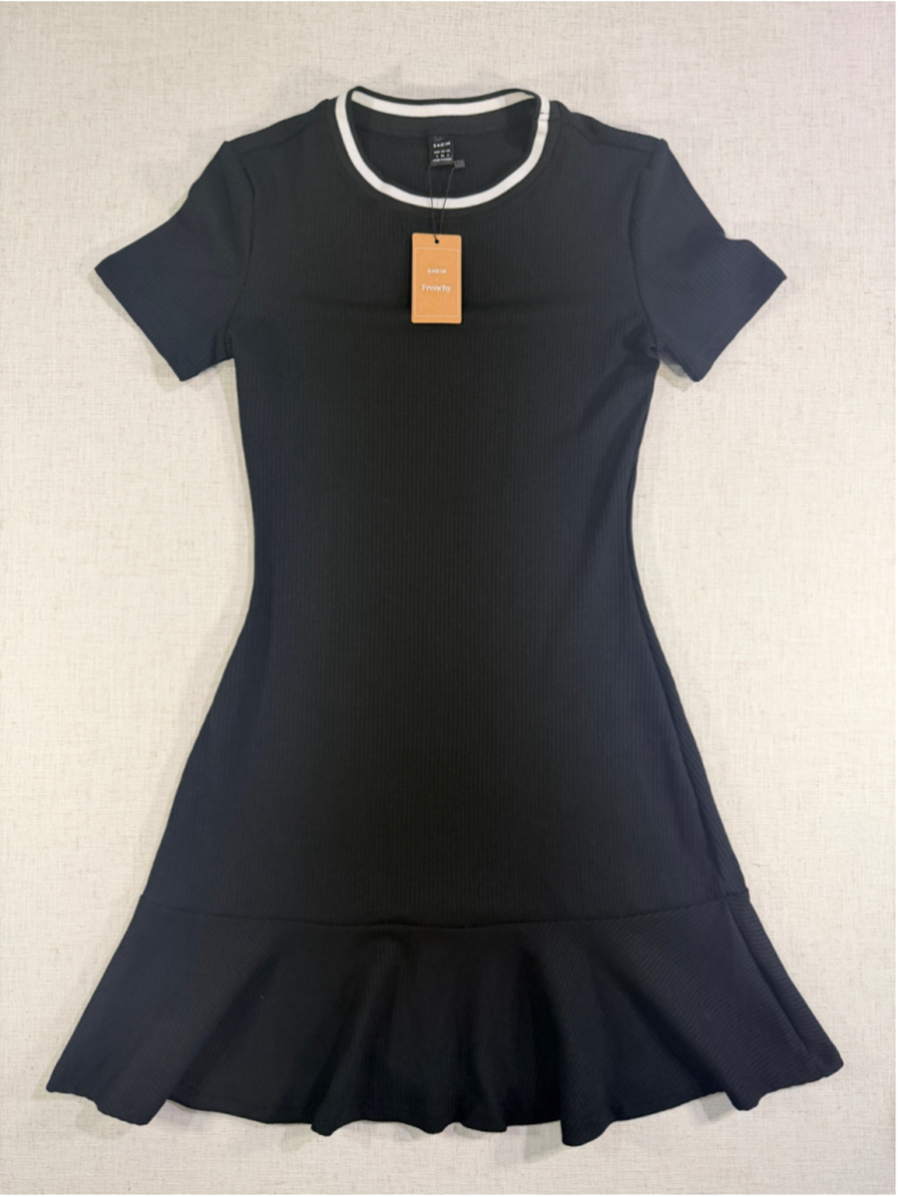 SHEIN Frenchy Ribbed Drop Waist Ruffle Hem Mini Dress Black White Small NWT Dres